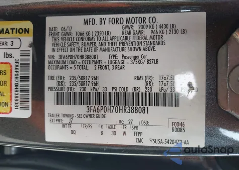 2017 Ford Fusion Se z USA, uszkodzony, nr VIN 3FA6P0H70HR388081